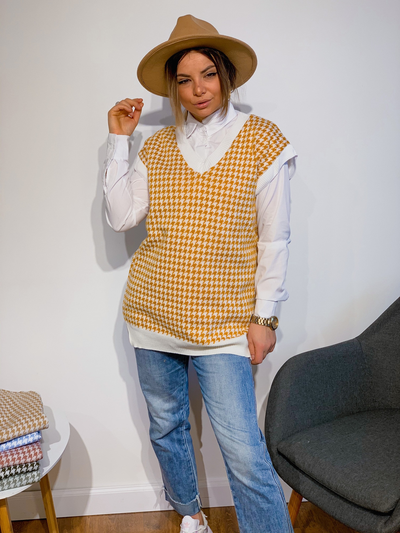 Vest houndstooth oversized knit v neck houndstooth knitting Etsy