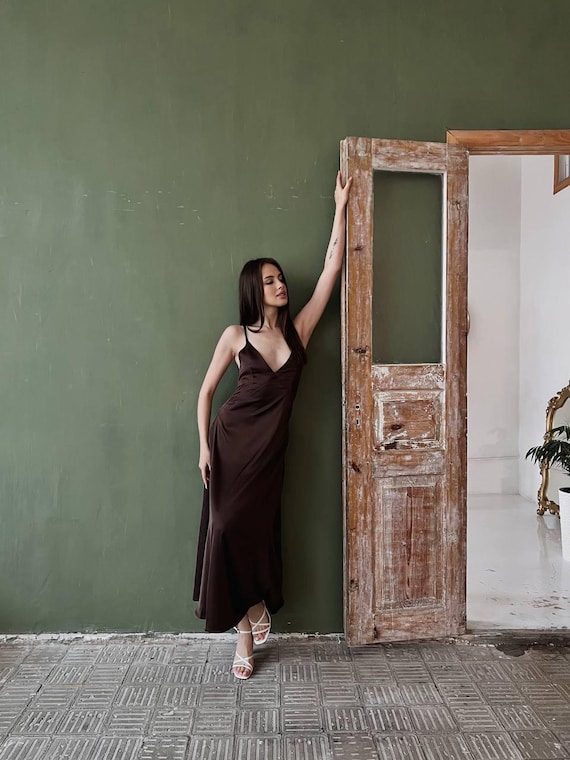 Pure Silk Slip Dress: Brown Midi Cami, Backless Lace-Up Pure Silk Slip Dress: Brown Midi Cami, Backless Lace-Up