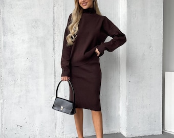 Brown Knit Sweater and Midi Skirt Set
