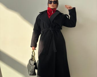 Black Wool Trench Coat - Elegant Belted Overcoat