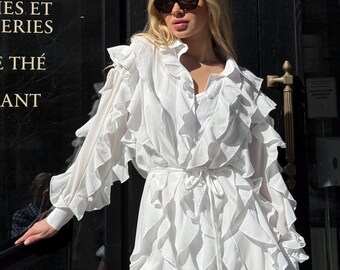 White Ruffle Shirt Dress for Women – Romantic & Elegant Look