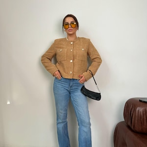 Elegant Blazer,Beige Tweed Jacket Women, White Tweed Blazer Women, Tweed Short Coat Jacket,Wool Blazer, Cropped Tweed Blazer, Gifts for Her
