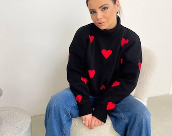 Suéter negro Suéter Suéteres negros Suéter de cuello alto para mujer Suéter cálido de cuello alto Suéter de cuello alto negro Suéter de corazones rojos
