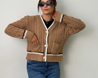 Brown Cable Knit Cardigan Women - Cropped Button-Up Sweater - Fall Fashion - Chunky Knitwear - Cozy Cardigan