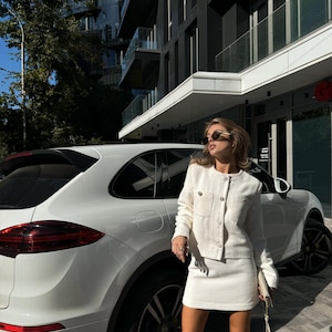 Style suit Tweed suit women Business suit White jacket Short tweed skirt Plus size jacket Bridesmaid suit White jacket Wedding Suit Elegant