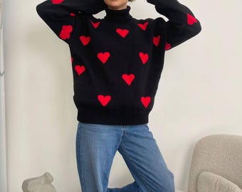 Suéter de cuello alto para mujer en negro con corazones Suéteres negros Suéter de cuello alto para mujer Suéter cálido de cuello alto negro