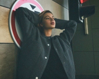 Grey Wool Bomber Jacket, Spring Elegant Coat