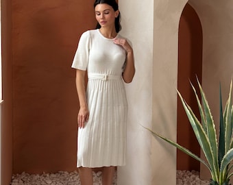 Ivory Knit Midi Dress with Belt | Elegant Cotton Blend Sweater