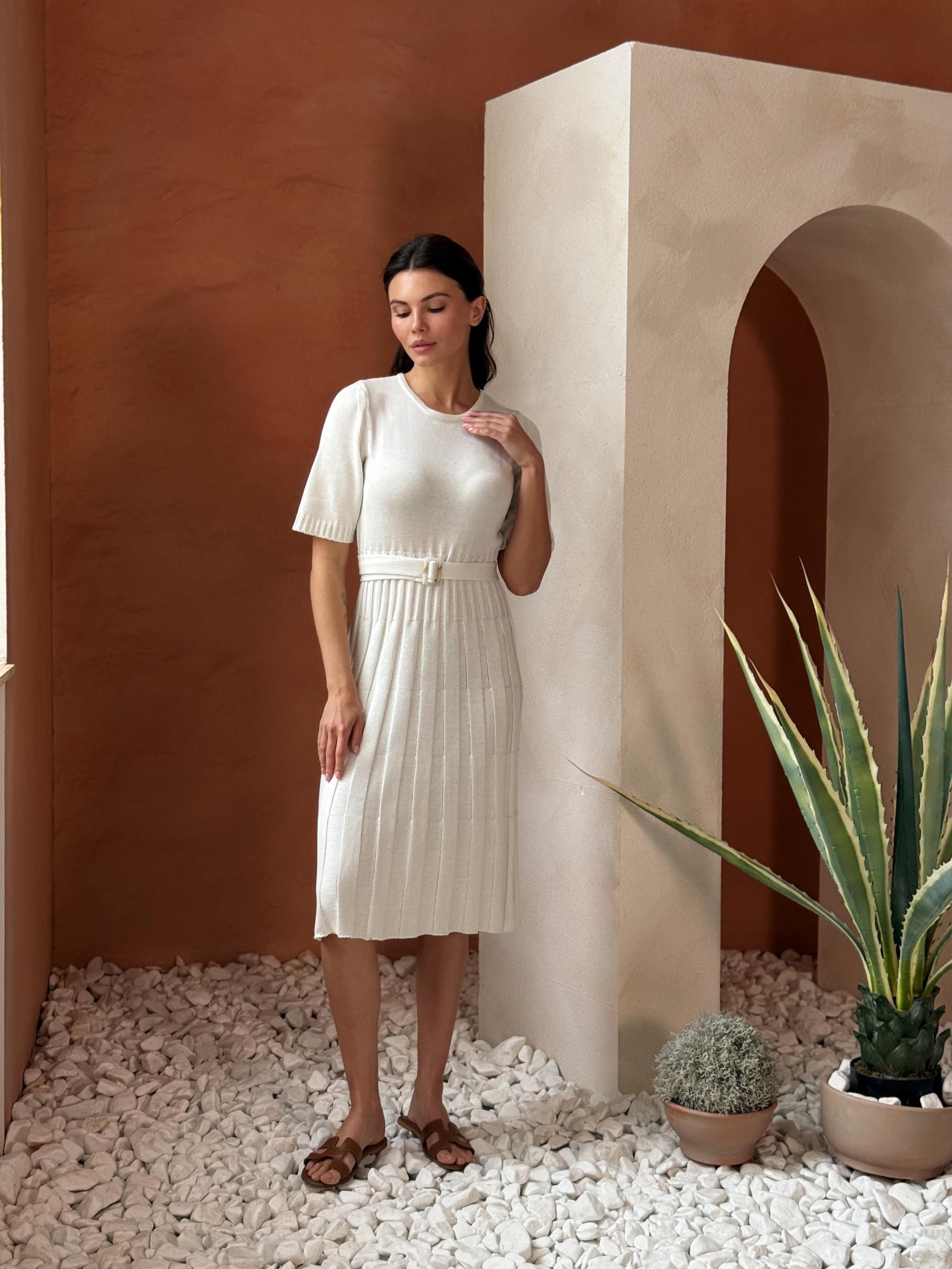 Ivory Knit Midi Dress with Belt | Elegant Cotton Blend Sweater