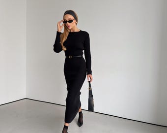 tight fitted long black dress Lezure Plunge Long Sleeve Maxi Dress Black main image 0