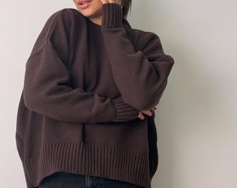 cotton sweater, solid color casual sweater,fashion knitted top,casual sweater,women&#39;s sweater,plus size sweater, brown sweater