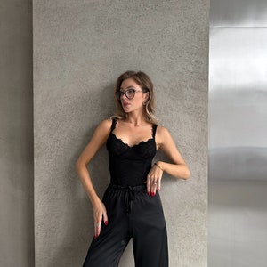 high waisted wide leg silk pants in black, silk pants, plus size pants, 2x pants, 3x pants, plus size clothing, lounge pants, loose pants