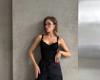 Zijden broek met hoge taille en wijde pijpen – maxibroek voor dames met zakken