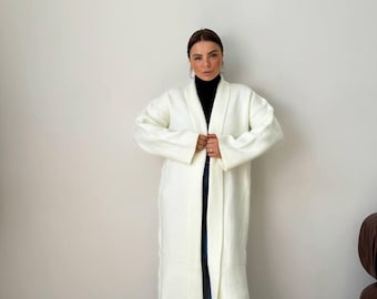White Cable Knit Duster Cardigan, Oversized Bohemian Coat