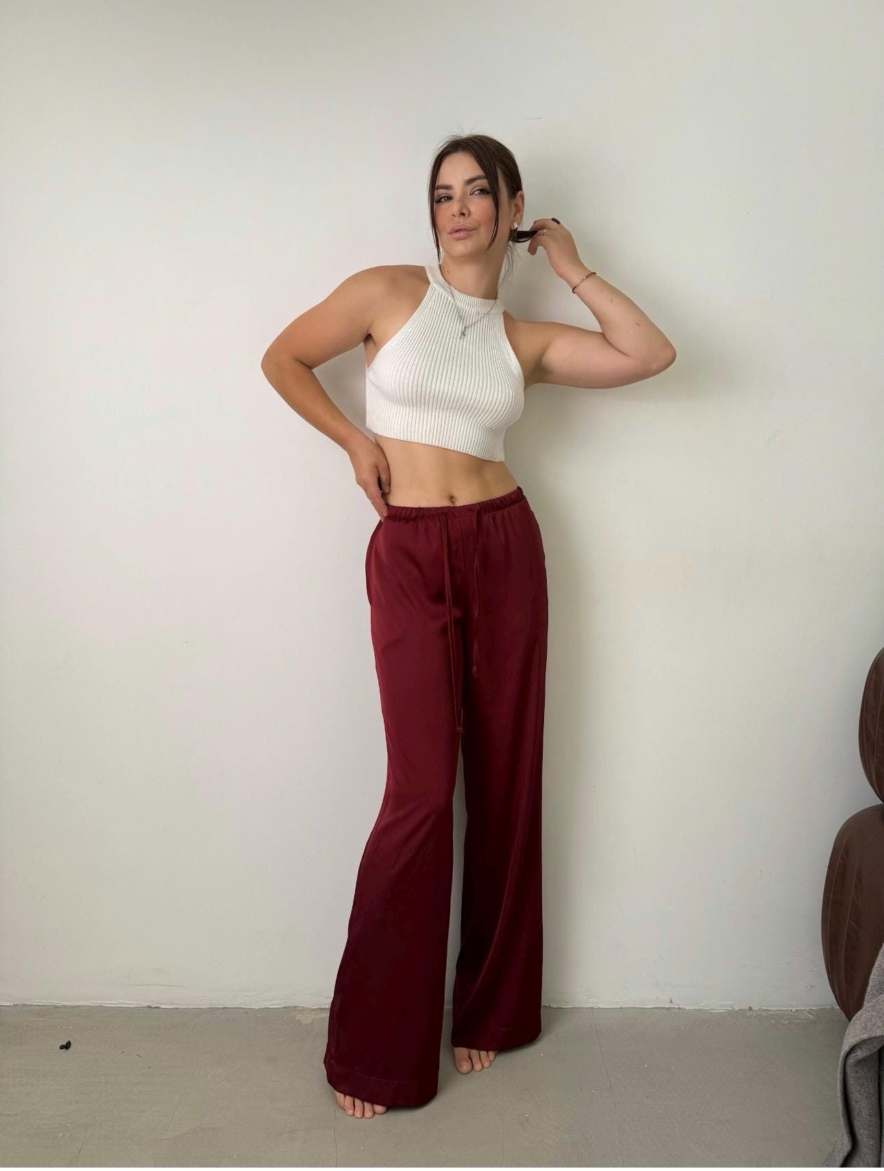 Scarlet Red Wide Leg Silk Trousers