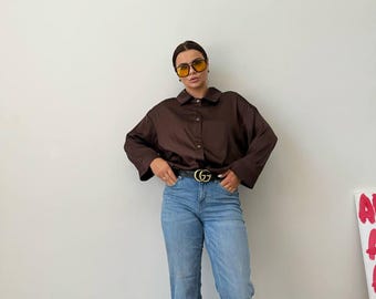 Bruin zijden overhemd met knoopsluiting: casual kantoorblouse voor dames
