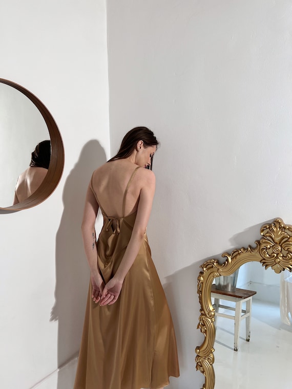 Gold Wedding Guest Dress With Lace up Open Back. GOLD Silk Slip Dress. Midi Open Back Satin Dress A line. Event Date Dress. Birthday Girl Etsy