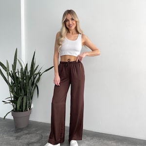 Wide Leg Pants Women, Silky Palazzo Trousers, Brown High Waisted Pants, Elegant Flowy Pants, Loose Fit Summer Pants