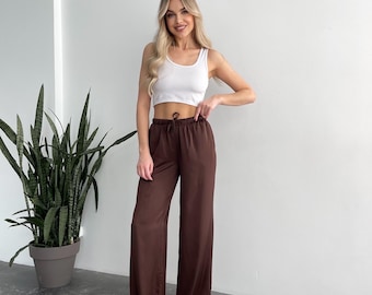 Silky Palazzo Pants, Brown High Waisted Trousers, Elegant Wide Leg