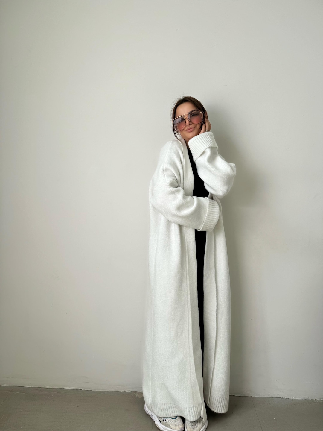 Heavy Knit Duster, White Cable Knit Coat, Huge Sleeves, Long Duster