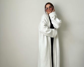 Oversized White Cable Knit Duster, Bohemian Long Cardigan