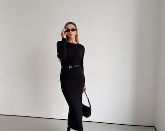 Vestido midi de punto acanalado, mezcla de viscosa, manga larga, diseño minimalista elegante