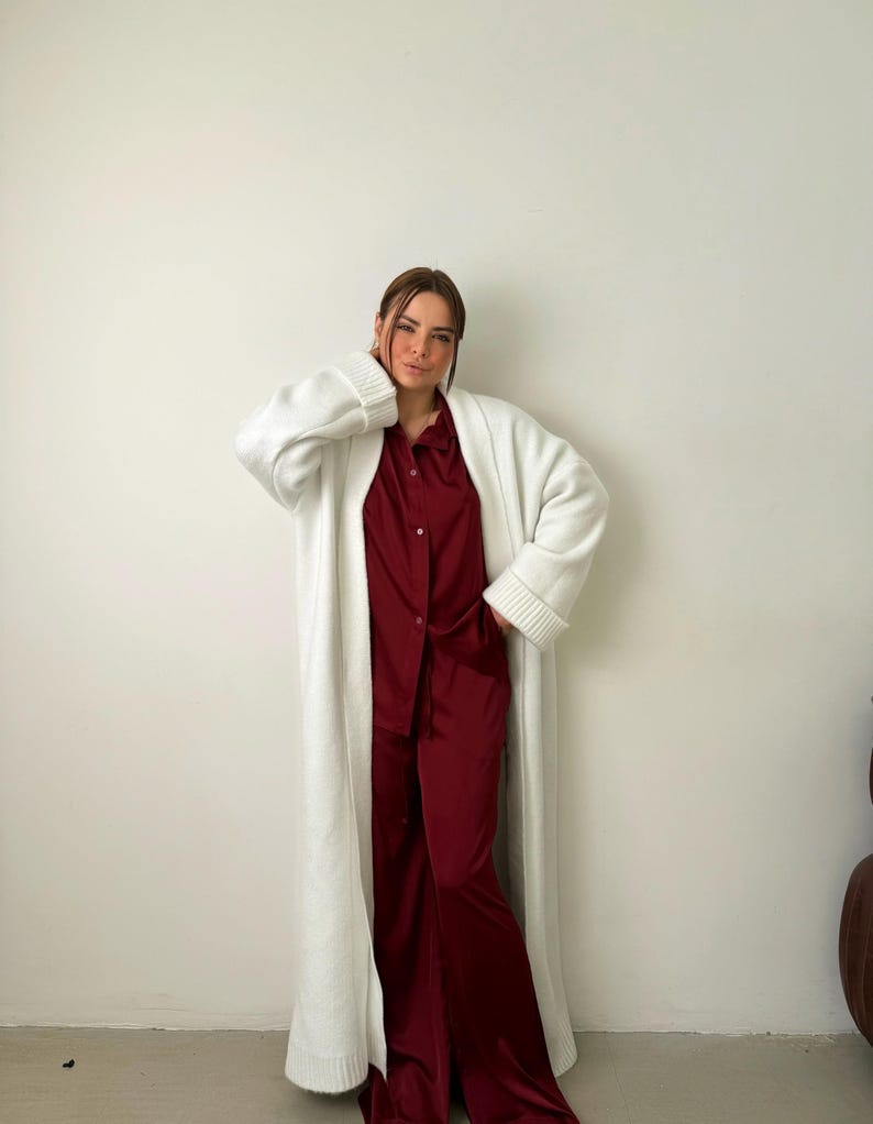 Heavy Knit Duster, White Cable Knit Coat, Huge Sleeves, Long Duster