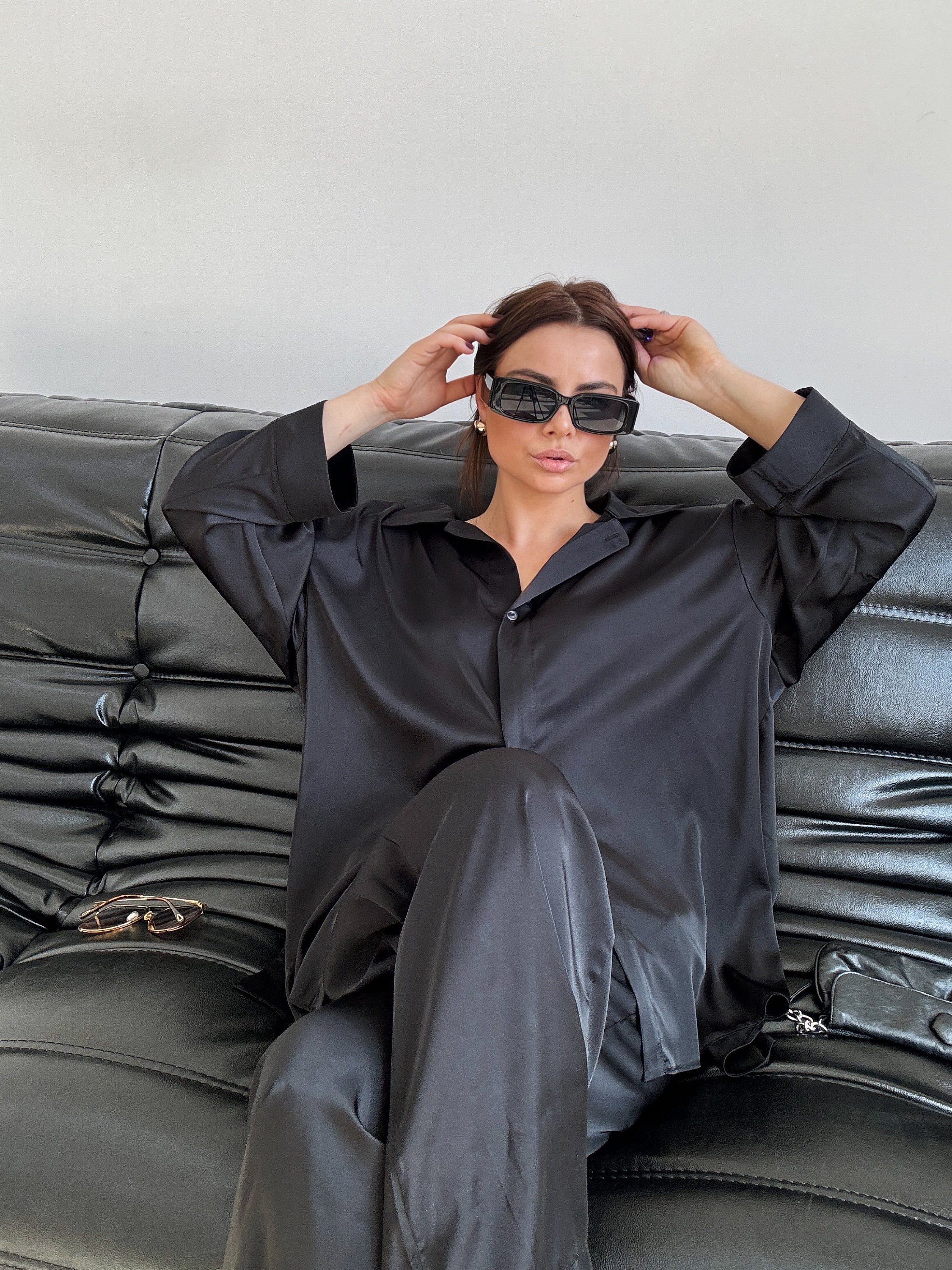 Black Silk Pantsuit for Women, Silk Shirt and Wide Leg Pants for Women, Silk Summer Pantsuit Set for Women, Silk Wide Leg pants