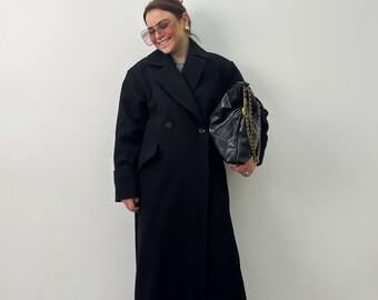 Black Wool Long Coat: Handmade Minimalist Women's Overcoat