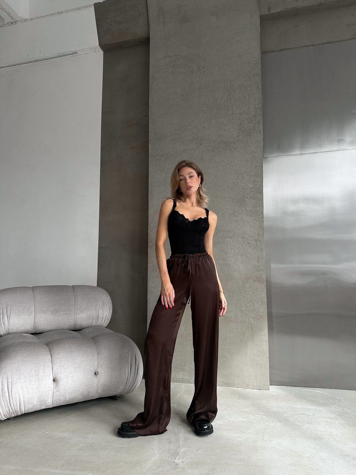 Red - Plain Modal Silk Elasticated Pant main image 1