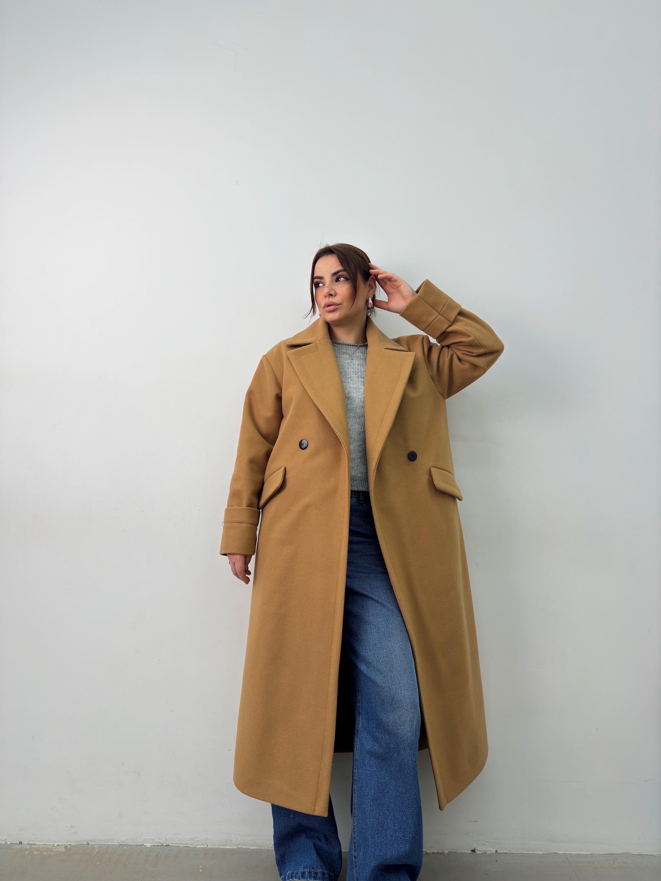 Oversized Camel Wool Blend Coat - Women's Double-breasted Winter