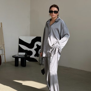 Silk Silver Suit, Silk Oversized Silver Gray Women Suit, Silk Luxe Lounge Shirt and Pants Set, Luxe Lounge Suit