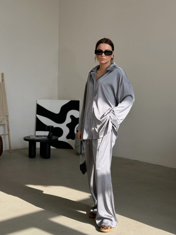 Silk Silver Suit Silk Oversized Silver Gray Women Suit Silk Luxe Lounge Shirt and Pants Set Luxe Lounge Suit Etsy UK