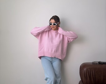 Różowy sweter oversize, ciepły sweter dla kobiet, jasnoróżowy sweter dzianinowy dla kobiet, ciepły sweter dzianinowy