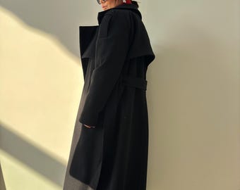 Black Wool Trench Coat: Women's Elegant Belted Overcoat