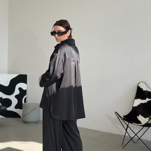 Black Silk Suit Set for Women 2 Piece Set Loose Fit Suit Asymmetric Shirt Palazzo Pants Elegant Silk Suit Celebrations Pantsuit Party Suit