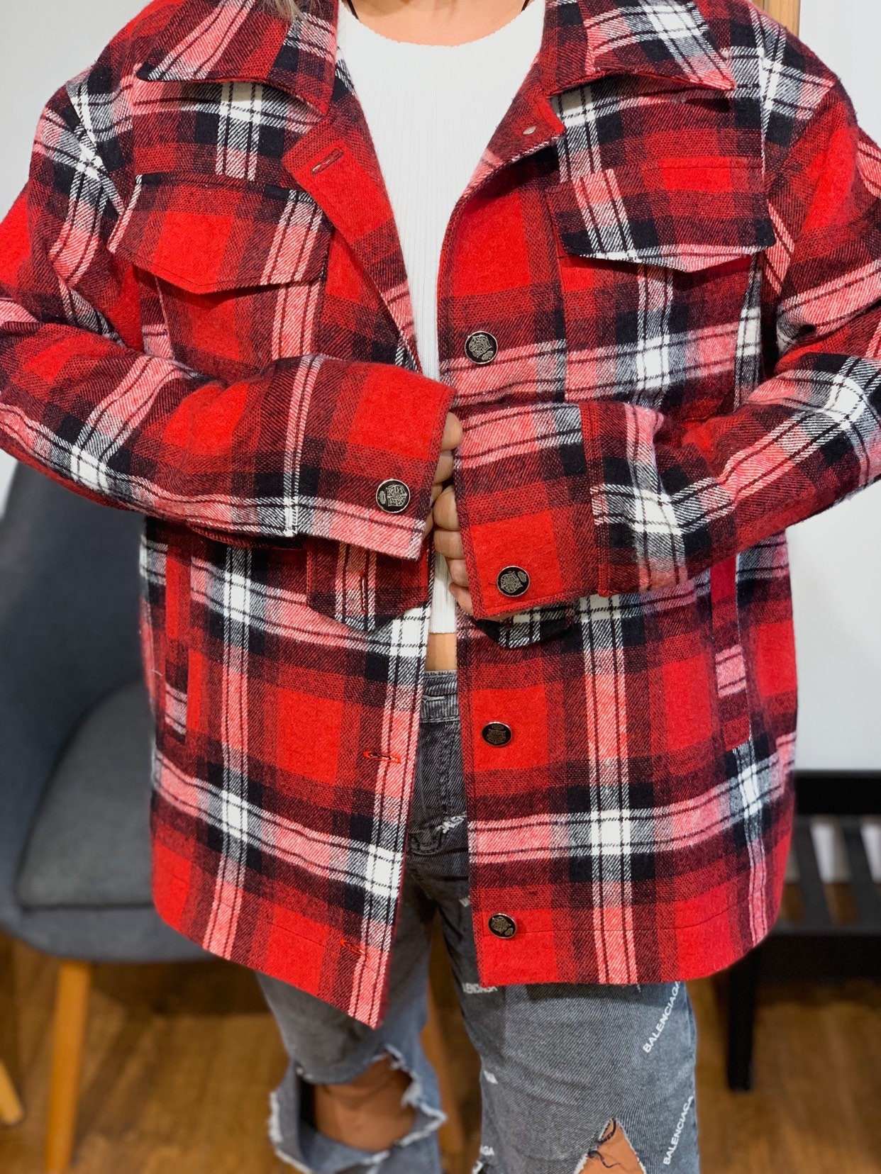 red plaid jacket outfit
