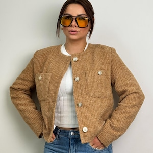 Beige Tweed Jacket Women, White Tweed Blazer Women, Tweed Short Coat Jacket,Wool Blazer, Cropped Tweed Blazer, Elegant Blazer, Gifts for Her