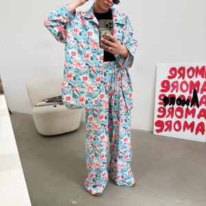 Floral Two-Piece Set, Oversized Shirt and Pants, Women’s Loungewear, Lightweight Staple Fabric, Customizable Pants, Summer Casual Set