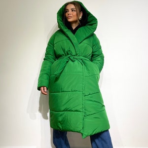 Long Puffer Coat with Hood for Winter, Women's Warm Puffer Jacket with Belt, Winter Puffer Jacket for Women, Long hooded puffer coat