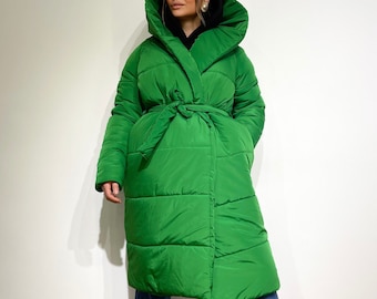 green long puffer coat
