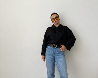 Silk Button Down Blouse, Drop Shoulder Long Sleeve Top