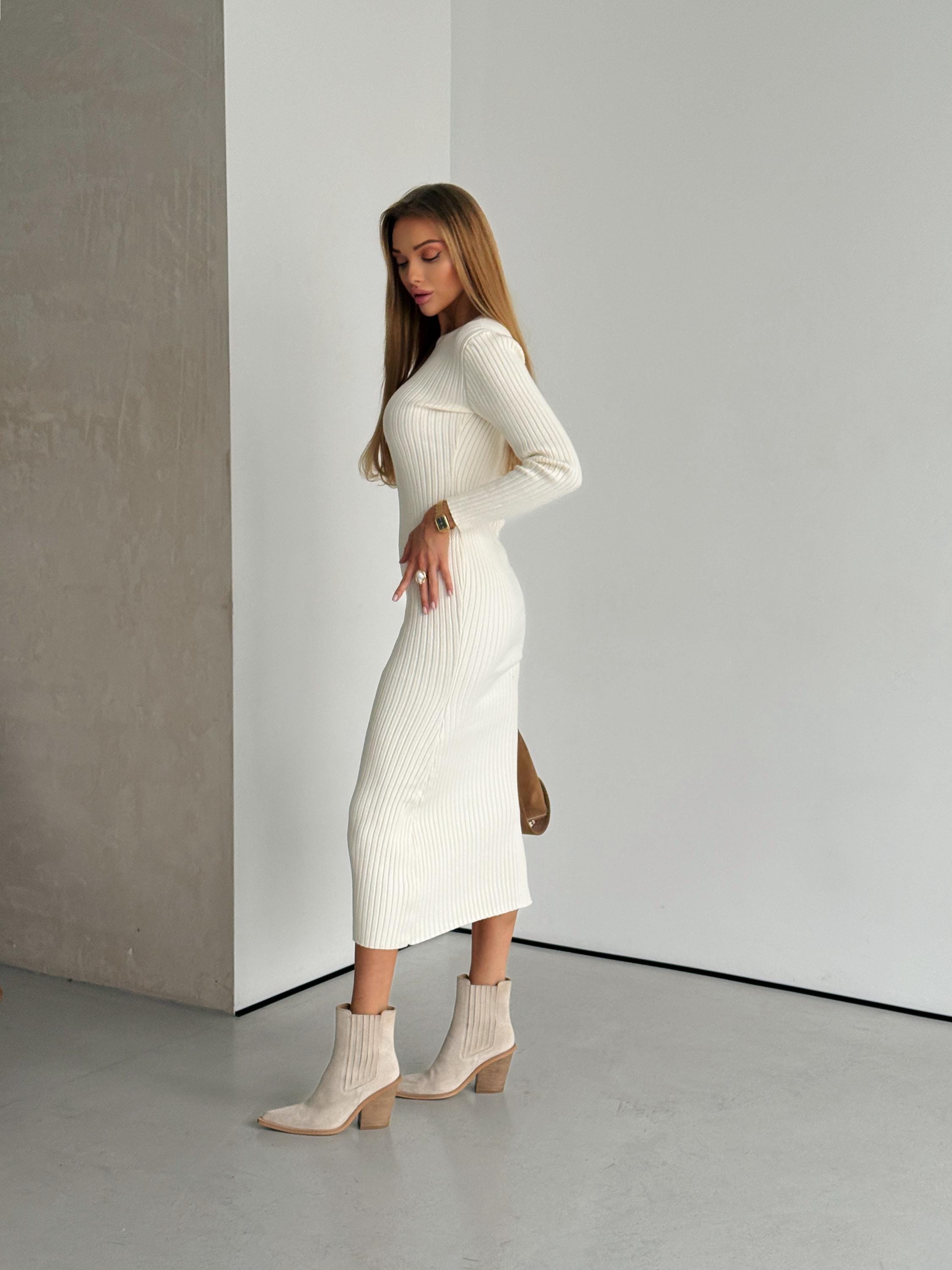 Ribbed Knit Sweater Dress - Cream Long Sleeve Bodycon Maxi
