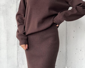 Brown Knitted Sweater and Midi Skirt Set, Oversized Pullover Outfit
