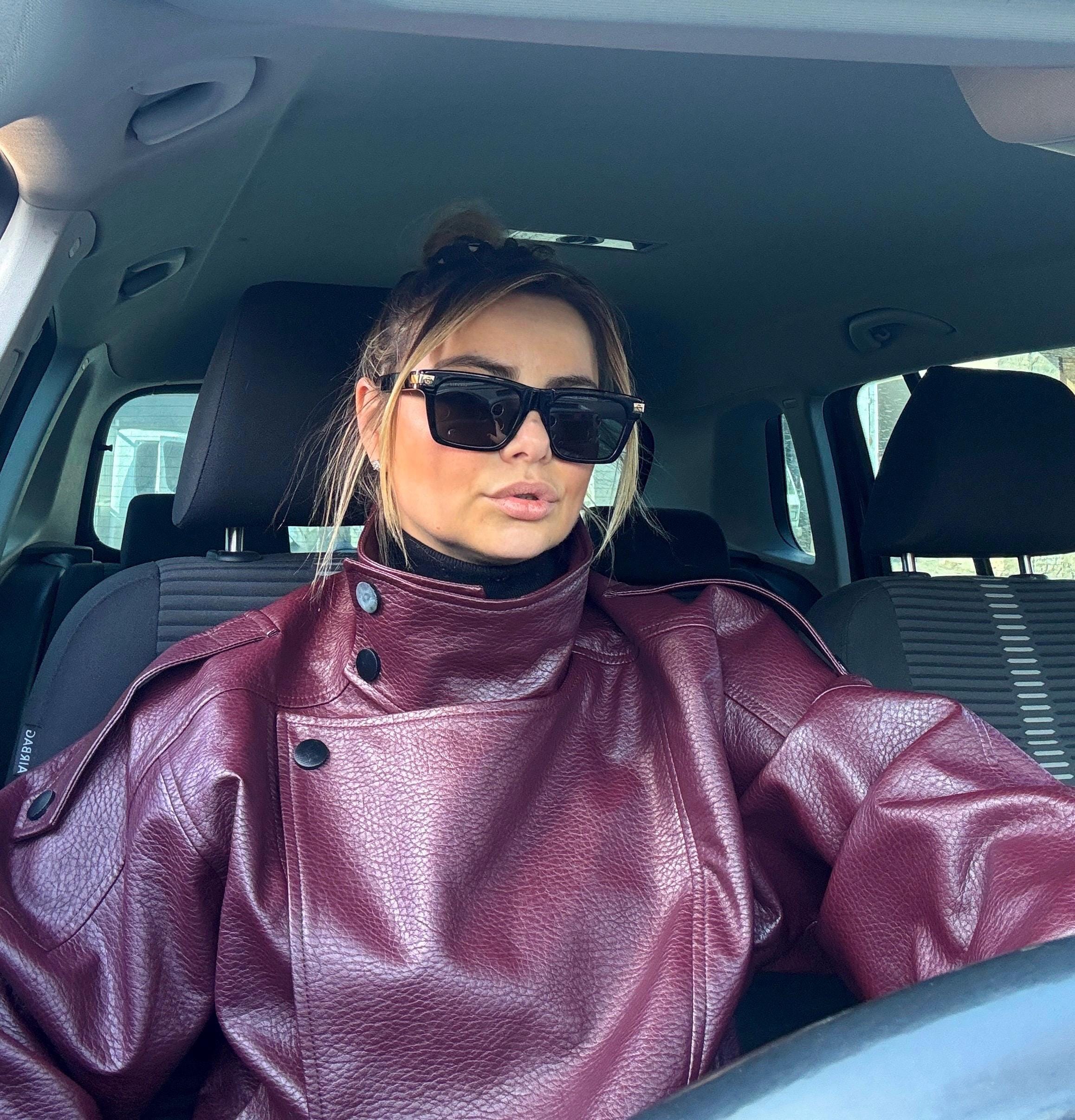 Oversized Burgundy Leather Jacket, High Neck Minimalist Coat