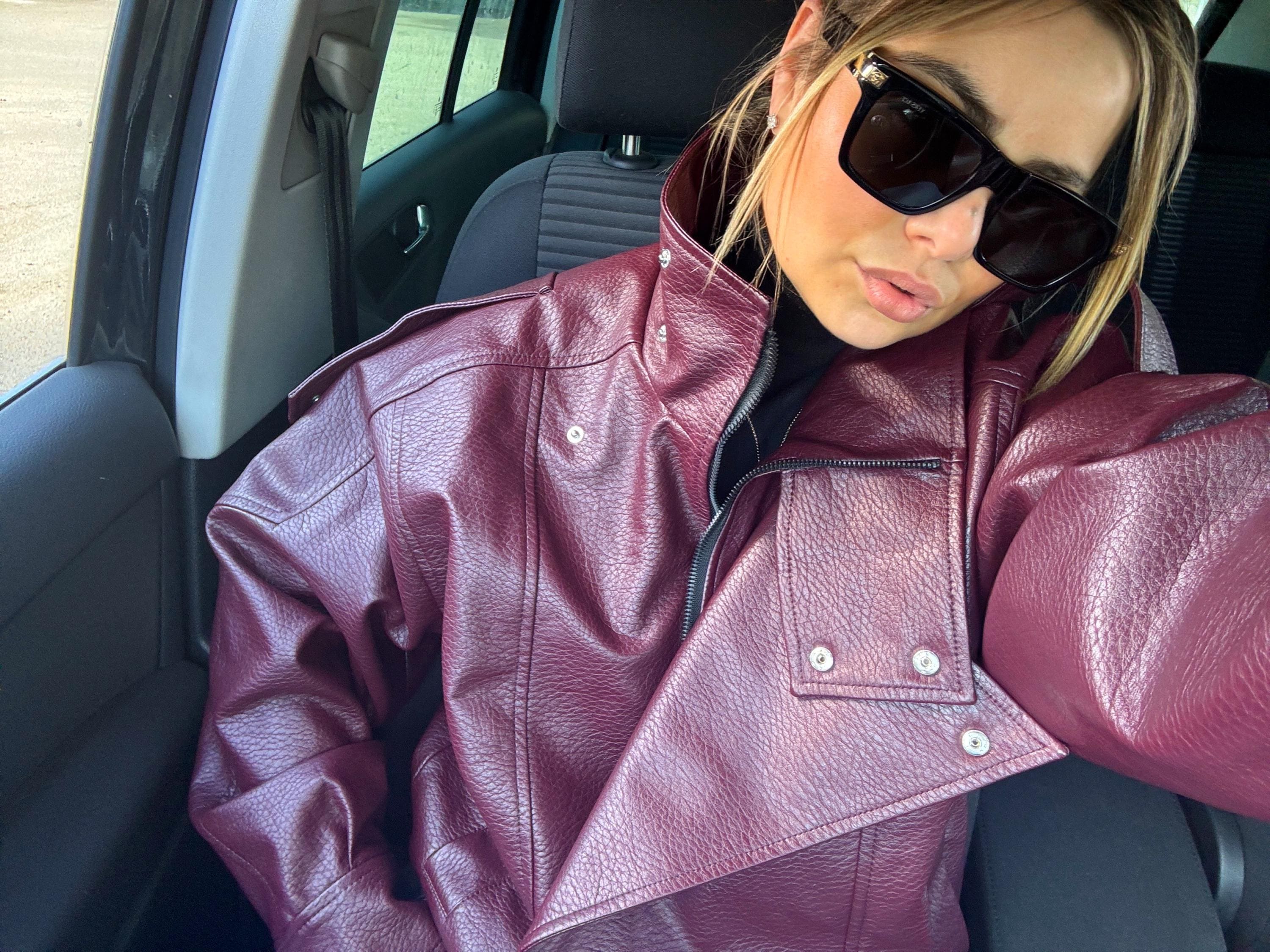 Oversized Burgundy Leather Jacket, High Neck Minimalist Coat