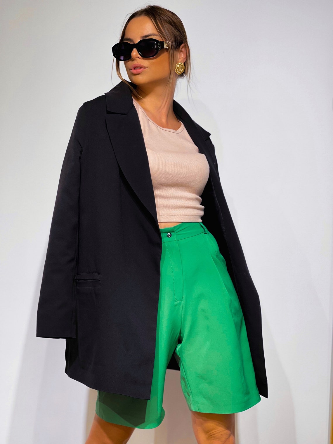 Bermuda Shorts For Women Green Bermuda Shorts High Waist Etsy