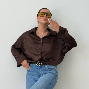 Silk long sleeves button down shirt, Drop Shoulder silk top, Silk blouse, Office silk shirt, Silk top, Autumn Clothing, Silk Shirt, Party