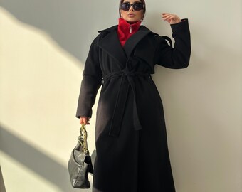 Wool Belted Long Trench Coat, Elegant Spring Outerwear