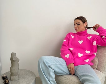 Heart Cable Knit Sweater - Pink Mock Neck Pullover